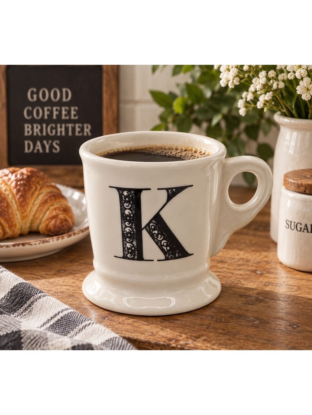 Anthropologie Monogram K Mug Black Cream Footed Coffee Cup Discontinued